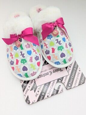 NWT Juicy Women's (Large) Colorful Slide-In Fuzzy Mule Slippers w/Bow & Charm